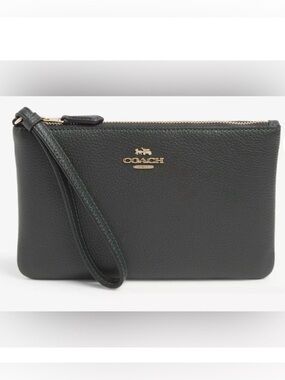 COACH Pebbled Leather Wristlet Green Gold Clutch Wallet Zippered